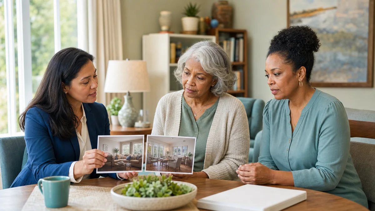 Older adult and family member comparing assisted living and memory care options with a senior living advisor