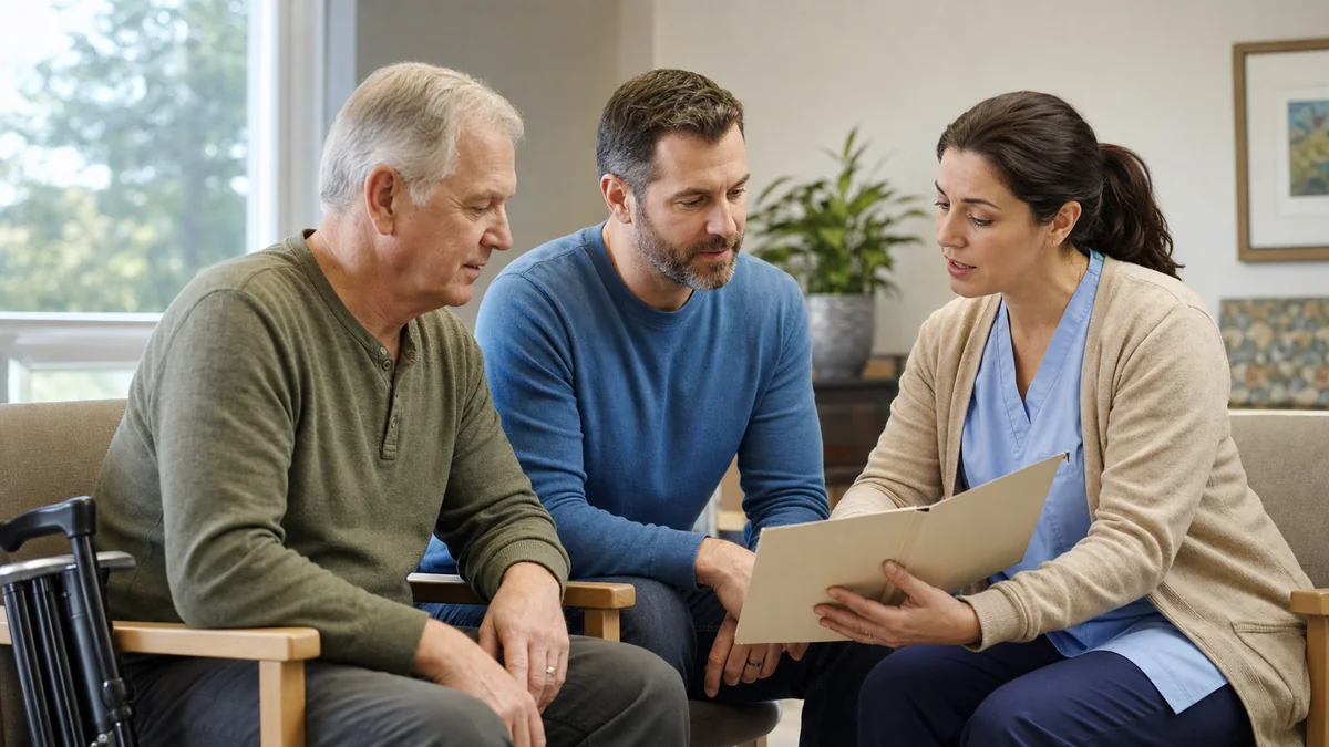 Older adult and family member reviewing a hospital or rehab discharge plan with a care professional